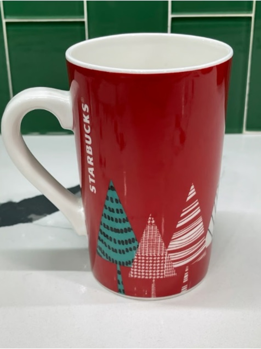 Starbucks Red Ceramic Holiday Mug with Teal & White Tree Motif
